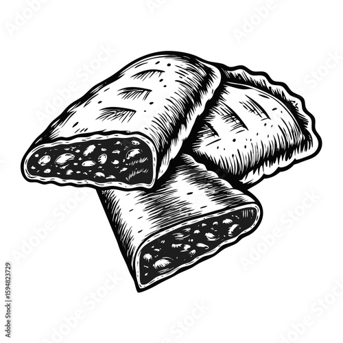 Tasty fried breadcrumbs with sausage migas in vintage engraving style. Delicious migas includes a savory sausage filling and a crispy fried exterior.