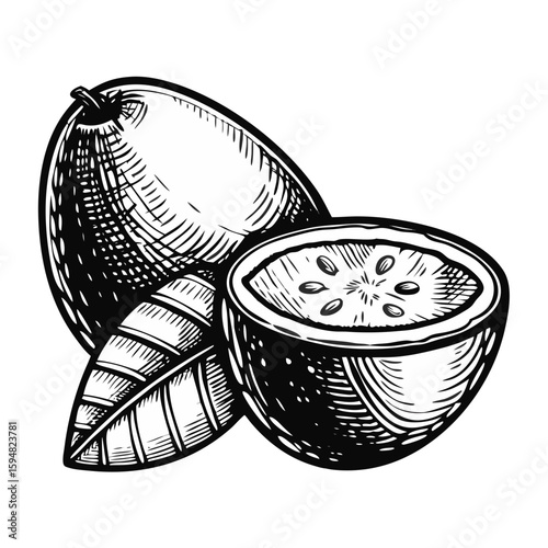 Hand drawn custard apple. This custard apple illustration shows custard apple with crosshatch shading and leafy garnish. Concept custard apple graphic is suitable for use in food industry.