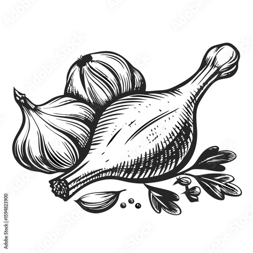 Illustration of garlic chicken, also known as pollo al ajillo, displayed with fresh garlic bulbs and herbs. Garlic chicken preparation shown in monochrome, detailed and precise,
