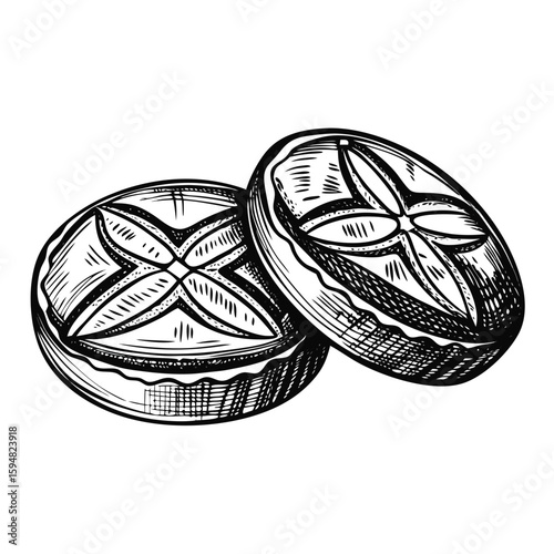 Polvorones Spanish shortbread cookies, sketch of delicious baked confection, illustration of two Spanish shortbread cookies or polvorones with exquisite texture.