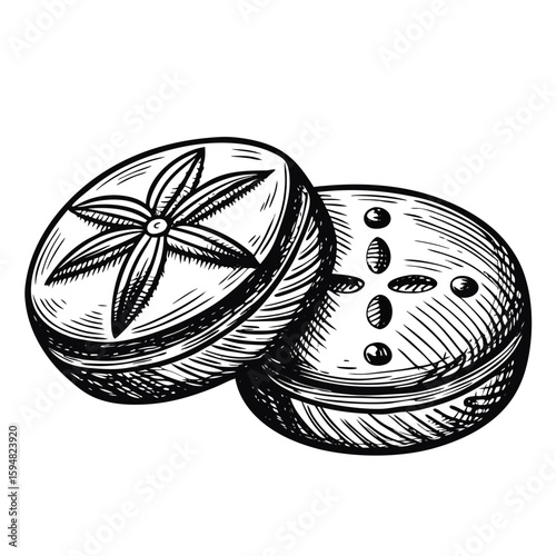 Two delightful spanish shortbread cookies drawn in black and white. Spanish shortbread cookies are detailed with artistic flair, showing intricate designs and textures with this sweet pastry.