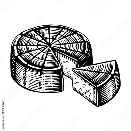 Hand-drawn goat cheese wheel with slice, presented as creamy goat cheese. This illustration features aged goat cheese alongside gourmet piece.