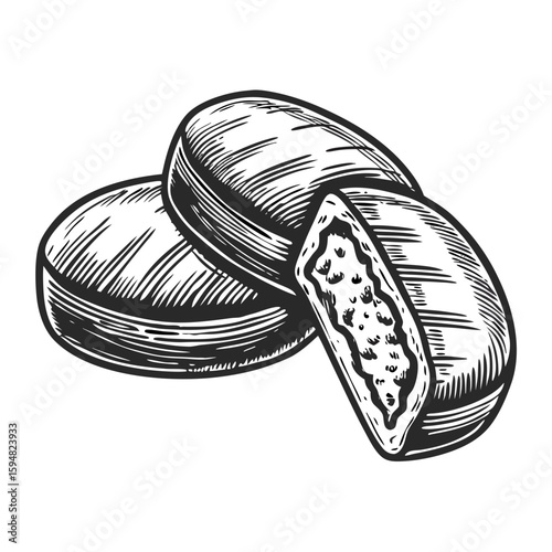 Spanish shortbread cookies, delicious polvorones, in vintage etching style illustration. Sweet polvorones showcases traditional baking, delectable flavors in a traditional Spanish dessert.