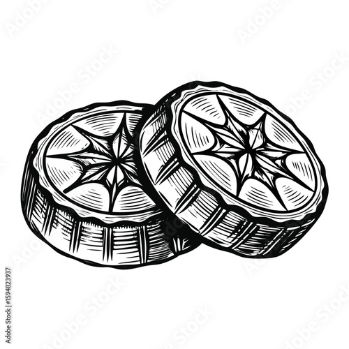 Spanish shortbread cookies, known as polvorones, in vintage engraved style. Polvorones, traditional Spanish shortbread cookies, showing delicate design and delicious ingredients on display.