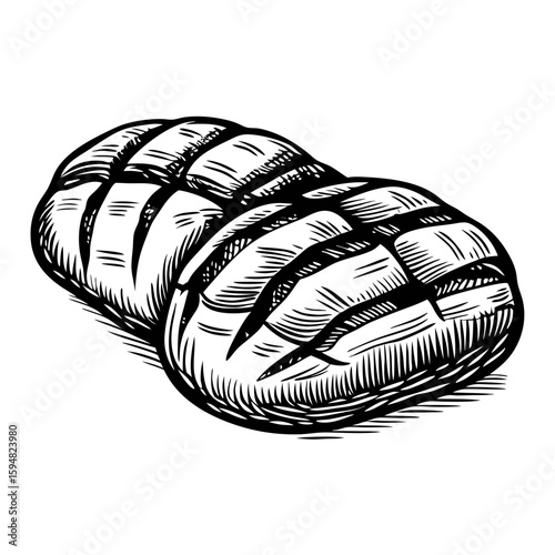 Rustic Spanish bread loaf, hand drawn sketch of baked bread, artisan bakery product. Rustic Spanish bread loaf, fresh from oven, features crusty exterior with sliced pattern and wholesome appeal.