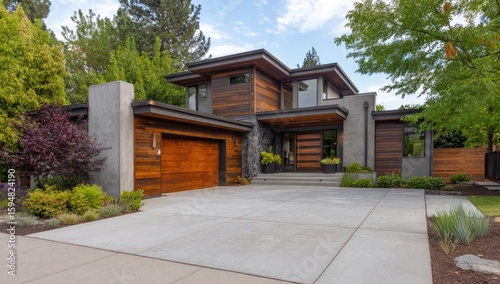 Modern home facade with wood and concrete siding
