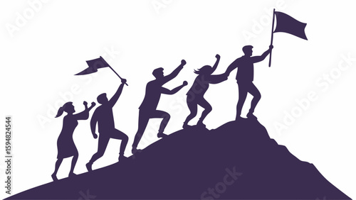 Purple silhouette of a diverse team of six people climbing a mountain, led by a flag-bearer, symbolizing success, leadership, and teamwork achievement.