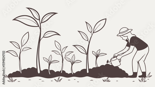 Hand-drawn monochrome line art of a person in a hat watering a row of growing plants and small seedlings in soil, symbolizing gardening and plant care.
