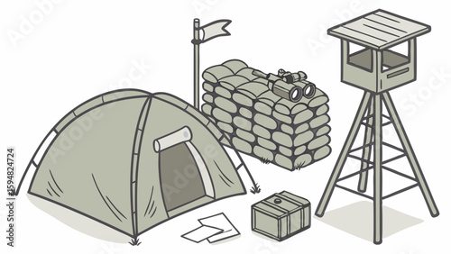 Isometric military camp illustration featuring a watchtower, army tent, sandbag barrier with binoculars, and a flag. Security outpost vector art.