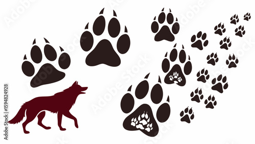 Detailed dark brown wolf silhouette illustration with various stylized paw prints and a long trail of animal tracks on a clean white background, ideal for nature designs.