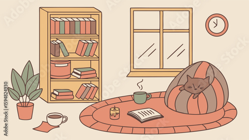 Cozy minimalist illustration of a warm hygge reading nook with a sleeping cat in a bean bag, bookshelf, coffee, plant, and window. Relaxing home scene.