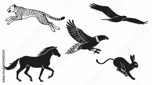 Striking black and white vector illustrations of dynamic fast animals in motion, featuring a running cheetah, soaring eagles, a powerful horse, and a swift rabbit.