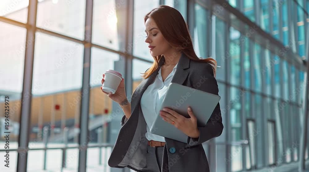A confident businesswoman walks through a bright, modern office atrium holding a tablet and coffee cup, dressed in a tailored suit. The glass walls and city vibe evoke ambition and contemporary succes