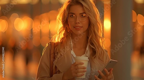 A stylish young woman in a beige coat walks through a city at sunset, holding a coffee cup and tablet. The warm golden light creates a vibrant, optimistic, and modern urban atmosphere.