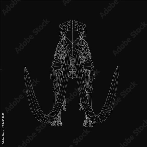 A detailed 3D wireframe model of a woolly mammoth skeleton stands against a black background, featuring massive curved tusks, a robust skull, and intricate rib structure.
