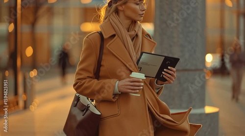 A confident woman in glasses and a tan coat walks through the city at golden hour, bathed in warm sunlight. Her expression is focused, evoking ambition, elegance, and the promise of a new day.