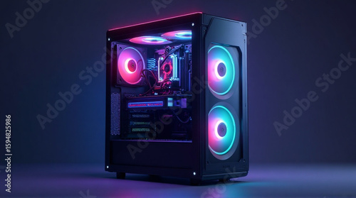 High performance gaming computer tower displaying vibrant LED fans and internal components against a dark background.