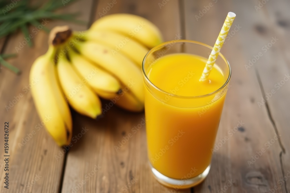 Fototapeta premium High angle view of banana shape and juice kept on table in studio
