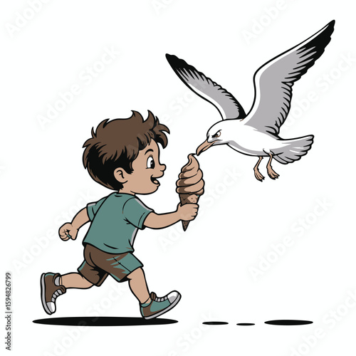 Cartoon boy running with ice cream cone as seagull swoops to steal it child