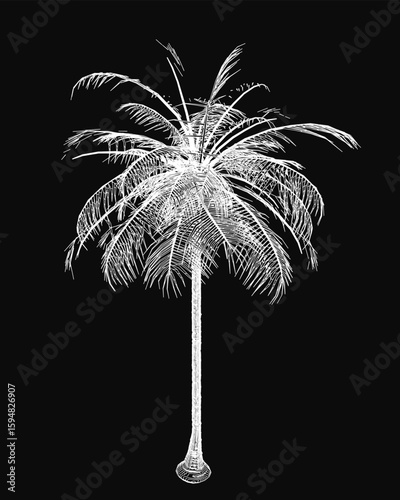 A white palm tree stands tall against a black background, creating a striking contrast. Its deep green leaves and light brown trunk are sharply defined.