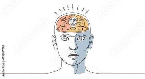 Fears doubts panic attack. Frightened little man inside man’s head — one line doodle drawing with watercolor fill, minimalistic vector illustration on white background