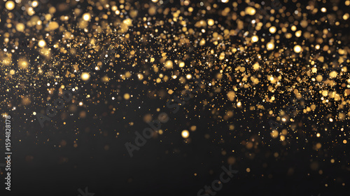 falling gold confetti overlay on dark black background, sparkling effect overlay for event designs, celebration or holiday atmosphere with glowing glitter, festive background for parties