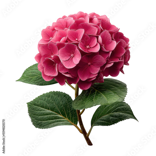 A vibrant pink hydrangea flower with lush green leaves isolated on transparent background