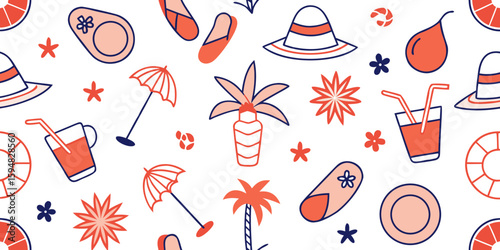 Summer themed pattern with hats, drinks, beach umbrellas and flip flops evoking a vacation mood