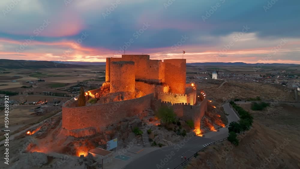 Aerial view of the windmills of Consuegra at night, Castilla-La Mancha, Spain.