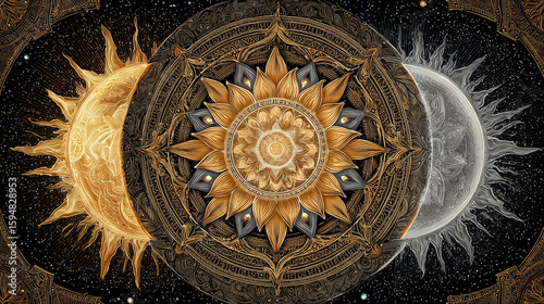Intricate celestial mandala featuring sun moon and starry sky elegant artistic design