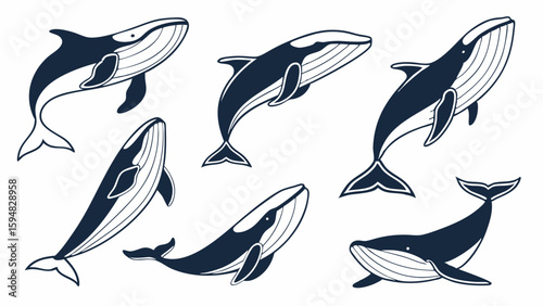 Six stylized blue and white whale illustrations, a vector set of marine animals in various swimming poses, ideal for ocean-themed graphic design and clip art projects.