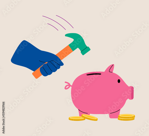 Hand holding a hammer and smashing a piggy bank. Spending money concept. Colorful vector illustration