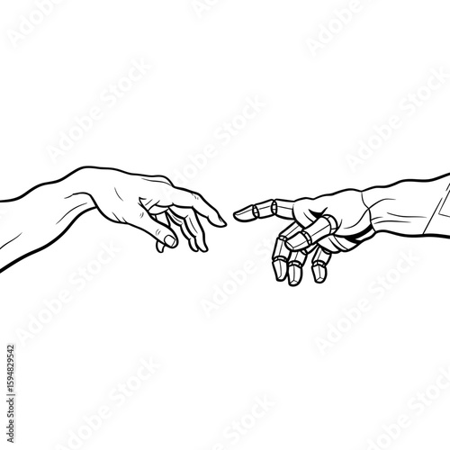 Human and robot hands reaching out to each other in art