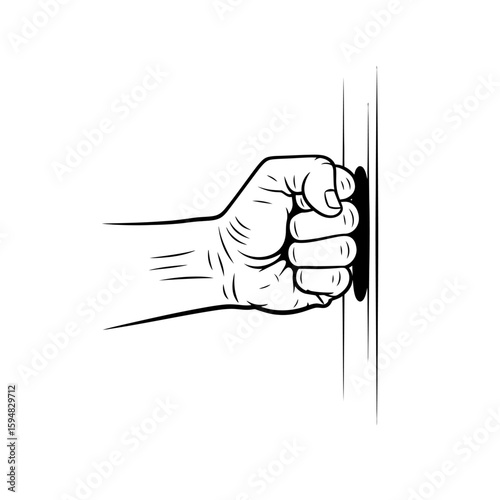 A hand is knocking on a door isolated on white background
