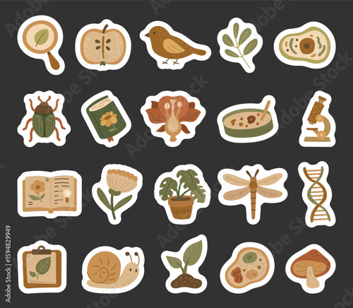 Biology object set in scandinavian style with insects, animals, plants, equipment, books, tools and microbiology for your educational illustration and creative designs projects