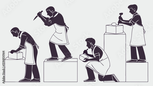 Four male artisans in aprons stone carving and sculpting blocks with hammers and chisels, illustrating craftsmanship in a classical graphic style.