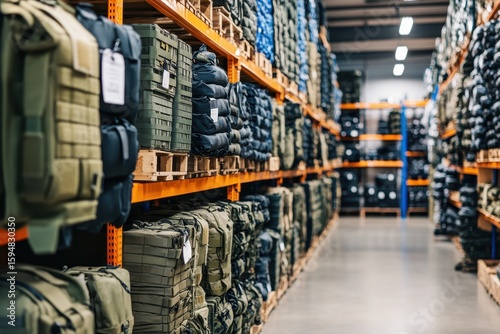 Organized warehouse with tactical gear on shelving units
