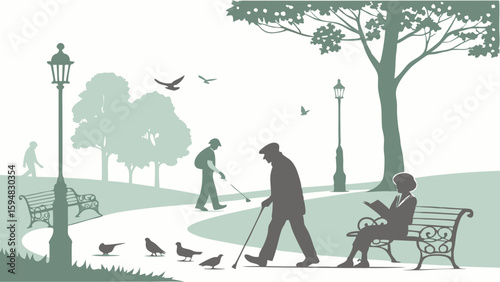 Green vector illustration of seniors enjoying a peaceful park. An elderly man walks with a cane, a woman reads on a bench, birds on the path.
