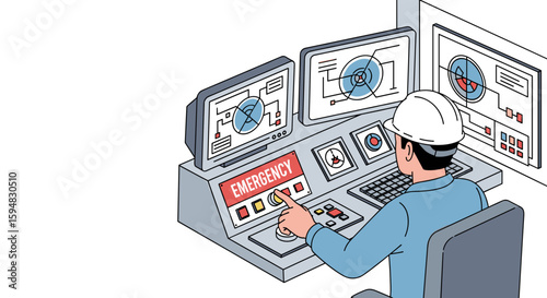 Technician presses emergency button in control room, a safety concept, with copy space