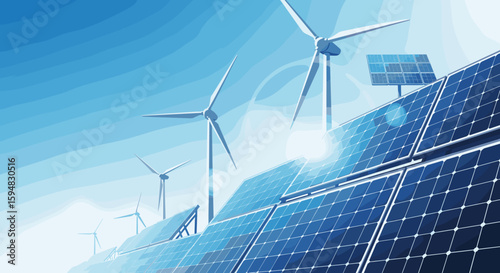 Wind turbines and solar panels create sustainable energy system for websites
