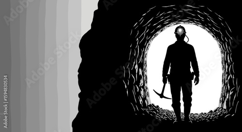 Miner silhouette stands in cave entrance with a pickaxe, illustration for industrial concepts. Miners' day poster