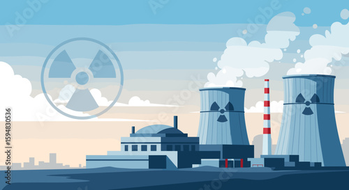 Stylized nuclear power plant with cooling towers emitting steam