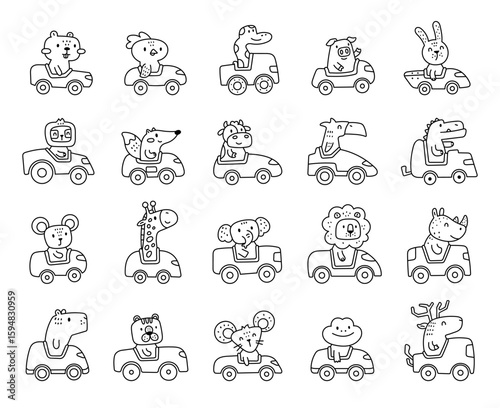 Animal driver car character set in outline line art featuring cute cartoon animals riding vehicles for transport themed decoration and creative designs projects