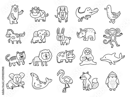 Animal character set in outline line art featuring charming and domestic creatures in forest, jungle farm and aquatic for your illustration and creative designs projects