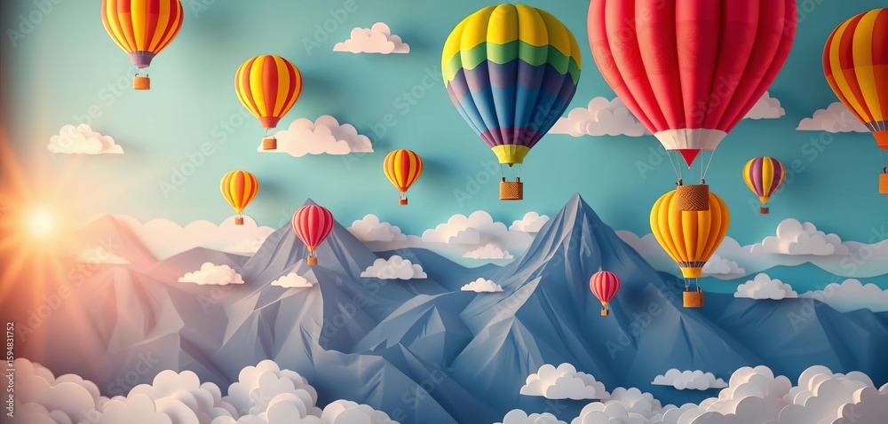 Fototapeta premium Vibrant paper cut hot air balloons soar over whimsical, layered mountain landscape with fluffy clouds, vibrant, paper cut
