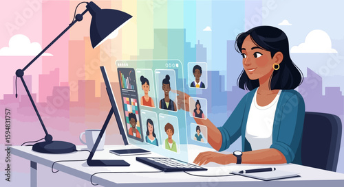 A woman attending a virtual meeting with colleagues, interacting with a digital interface.
