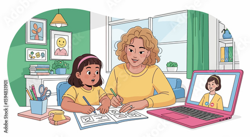 A mother helps her young daughter with homework at a desk, using a laptop for online tutoring with another woman on the screen.
