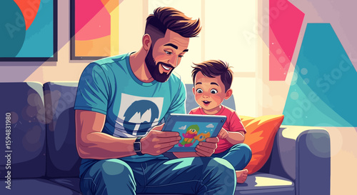 A father and son are sitting on a couch, smiling and looking at a tablet together in a brightly lit room.