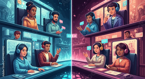 Diverse teams collaborating remotely via video conferencing, showcasing global communication and teamwork.