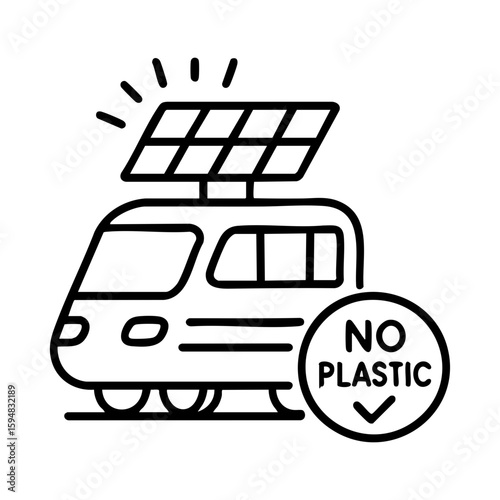 Solar-powered eco train icon with no plastic symbol for green transport awareness